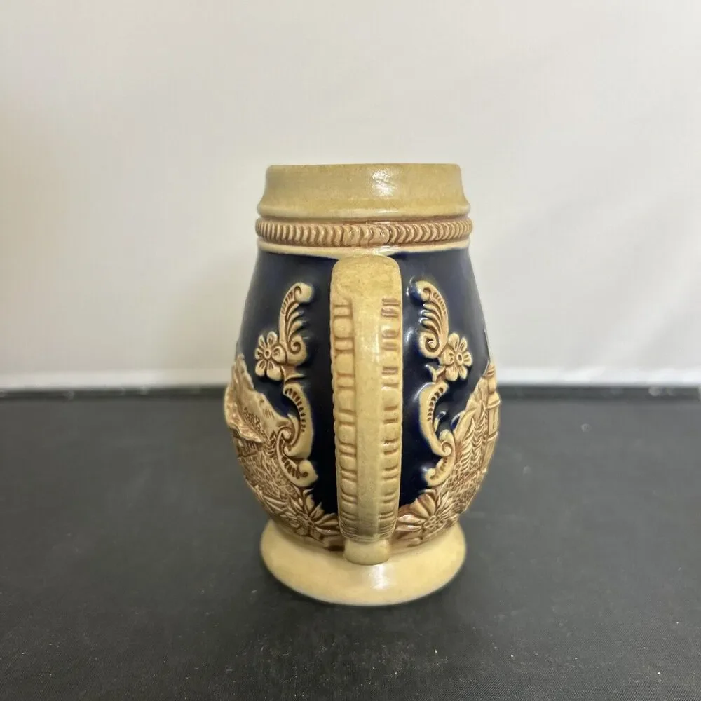 Vintage West Germany Beer Stein Mug Gerz No Lid Stoneware Blue & Tan FS Charity